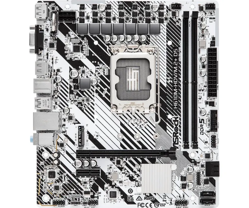 ASRock H610M-HDV/M.2+ D5 — Intel H610, LGA 1700, microATX, 2× DDR5 DIMM, M.2, HDMI 2.1, DP 1.4