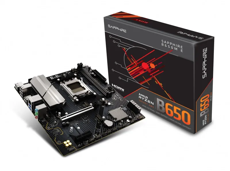 Sapphire B650M-E (AMD B650) micro ATX, Socket AM5, DDR5, 2x DIMM, 96GB, 2x M.2 (PCIe5/4), 4x SATA III, 2.5Gb LAN