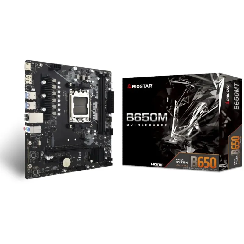 Biostar B650MT Micro ATX, AMD B650, Socket AM5, DDR5, 2x DIMM, 96GB, 1x M.2, 4x SATA III, Gigabit LAN