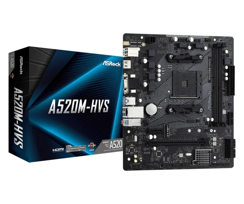 ASRock A520M-HVS AM4 AMD A520 2 x DDR4 USB 3.2 SATA 3 7.1ch HD Audio mATX