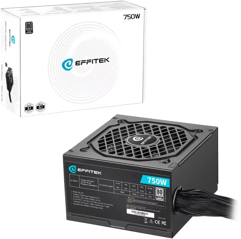 EFFITEK 750W ATX 3.1 PCIe 5.1 Fully Modular Power Supply 80 PLUS Gold Black