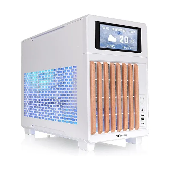 Thermaltake TR200 WS Snow White — Micro-ATX PC Case, Mesh with Real Wood Front Trim, 1x 120mm Fan, USB-C, 360mm Radiator / 365mm GPU