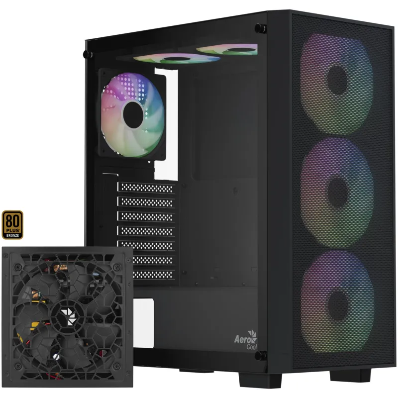 AEROCOOL B509A Flow-G-BK-v1 Mid Tower PC Case with 650W Power Supply, Tempered Glass, Black