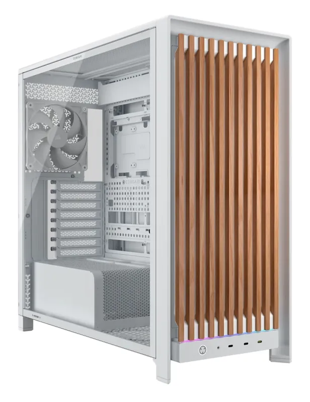 Corsair FRAME 5000D WOOD RS Mid-Tower PC Case, White/Walnut, Tempered Glass, ATX, E-ATX, Micro-ATX, Mini-ITX, Steel/Plastic, Gam